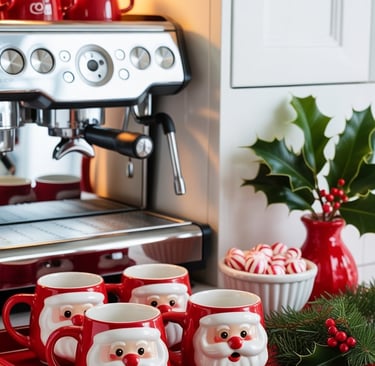 a tray of coffee cups with santa claus mugs
