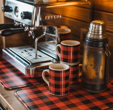 a coffee maker and cups of coffee on a table