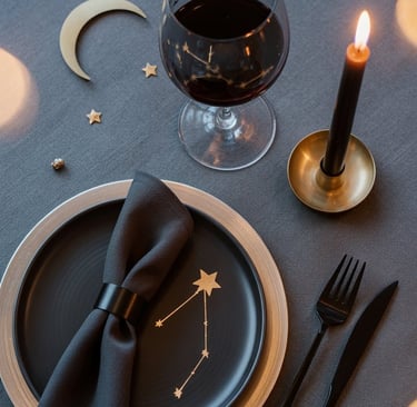 a table setting with a glass of wine and a candle