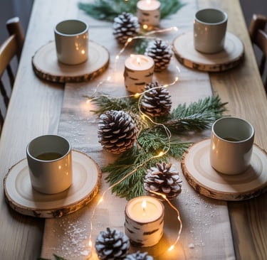 a table with candles and pine cones on it