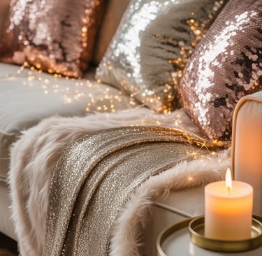 a living room with a couch and candles