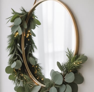 a mirror with a wreath of greenery and greenery