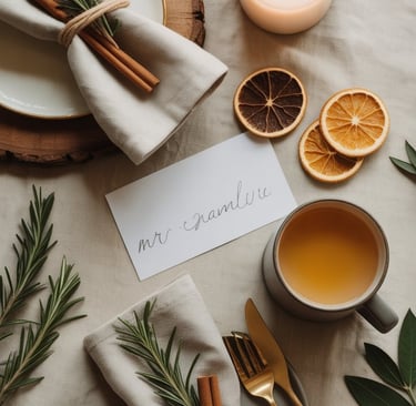 Elegant winter dinner details with rosemary napkin ties, dried oranges, and handwritten name cards s