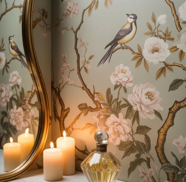 a bathroom with candles and golden chinoiseries wallpaper