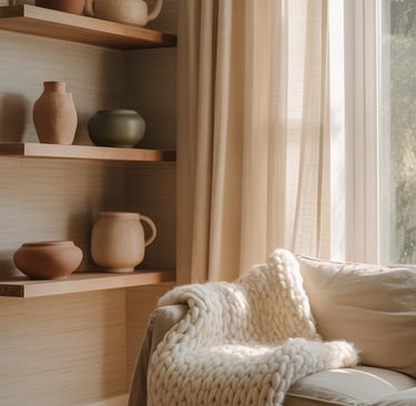 a couch with a blanket on it and linen texture wallpapers