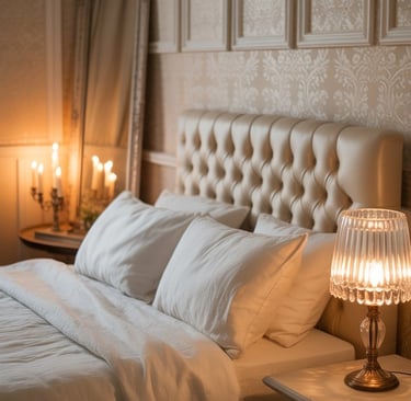 a bed with candles and muted ivory damask vintage wallpapers