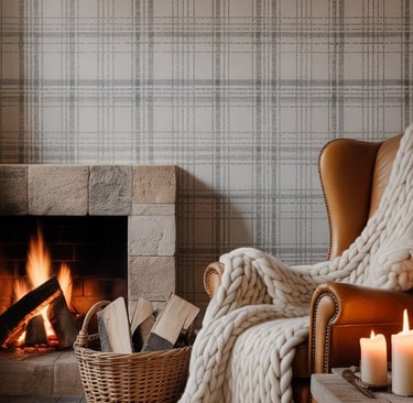 a living room with a fireplace and a chair cottage wallpaper