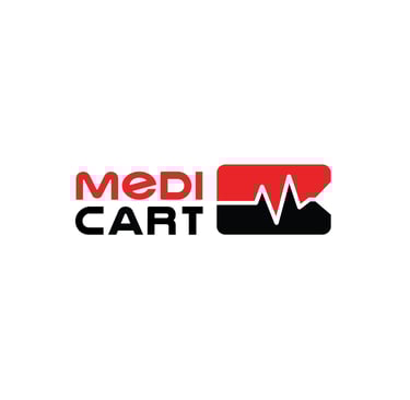 Medi Cart logo with red and black text featuring a heartbeat EKG pulse line icon for medical supplies.