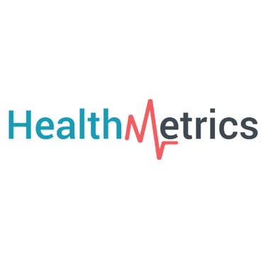HealthMetrics logo featuring a red heartbeat pulse line integrated into the brand name text.