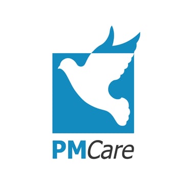 PMCare logo featuring a white dove silhouette in flight over a blue square.