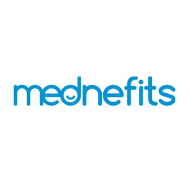 Mednefits blue typography logo with a smiling face icon integrated into the letter e.