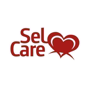 Sel Care logo in dark red featuring text and a layered heart symbol for healthcare branding.