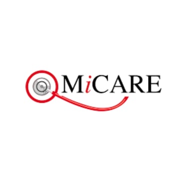 MiCARE medical logo featuring a red stethoscope and black serif typography for healthcare services.