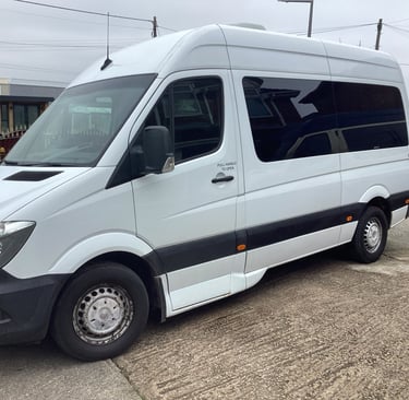 A white Mercedes-Benz Sprinter passenger van parked on a concrete driveway for commercial use.