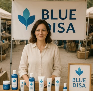 A person at a market stall selling facial products