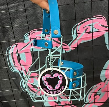 Bunter Maulkorb, Pulverbeschichtet in türkis passend Biothane vor Doggydeluxechains Logo