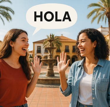 Friends greeting each other in Spanish with hola