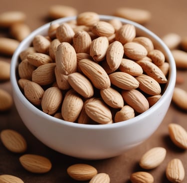 A white bowl filled with a mixture of nuts and dried fruits rests on a wooden surface. The nuts include almonds and walnuts, while the dried fruits appear to be dark in color, possibly raisins or similar. The combination creates a healthy and nutritious snack.