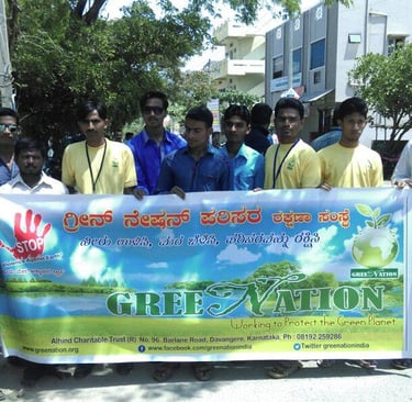 a group of people standing around a banner