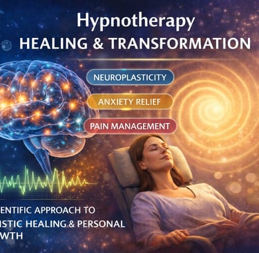 Hypnotherapy for healing and transformation featuring neuroplasticity, anxiety relief, and pain management.