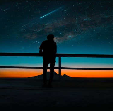 man looking agt sunset and stars