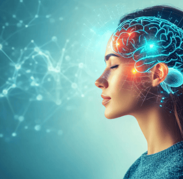 Digital illustration of a woman with a glowing blue brain and neural network connections representing mental health.