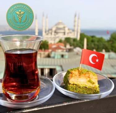 foto de te turco y baklava frente de mesquita de istanbul