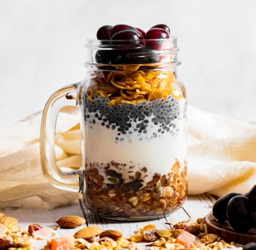 Layered Chia Yogurt Parfait with Granola, Cornflakes & Grapes