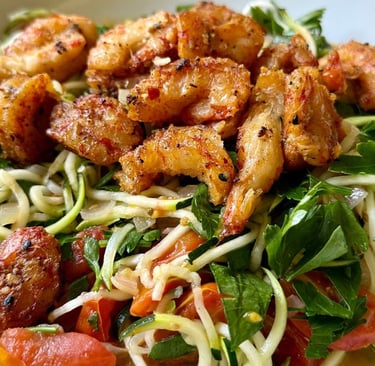Semaglutide Recipe: Ginger Prawns over Zoodles with Plum Tomatoes and Fresh Parsley