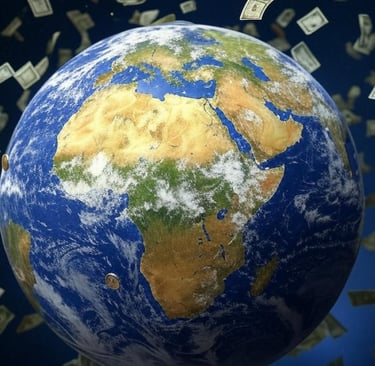 a globe globe with money bills flying out of it