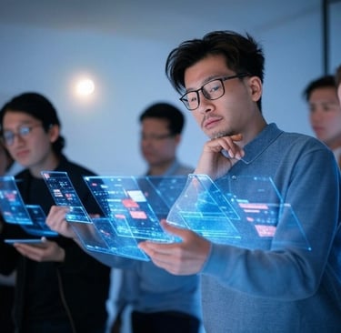 a man and woman looking at a digital display of a futuristic interface