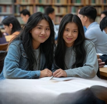 two girls sitting at a table with books and papers