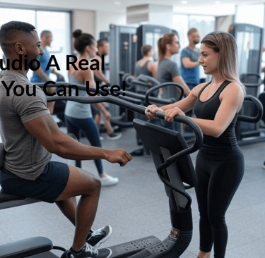 a man and woman in a gym room with a woman on a stationary bike