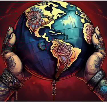 a person holding a globe with tattoos on it