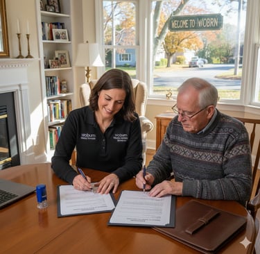 mobile notary helping resident in Woburn Massachusetts sign legal documents