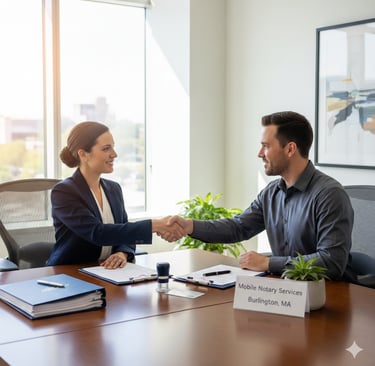 mobile notary assisting a burlington ma resident with document notarization same day service