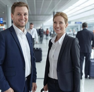 Smiling couple ready to board an affordable international flight.