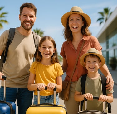 Smiling family traveling in a sunny destination in 2025.