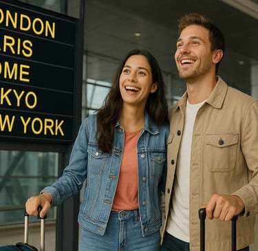 Happy couple at the airport ready to board thanks to cheap flights.