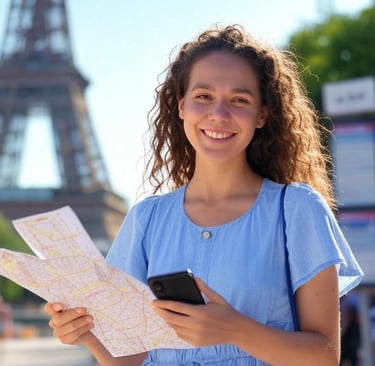 Cheerful traveler with a map and smartphone in front of the Eiffel Tower, under sunny weather, with floating tickets and attr