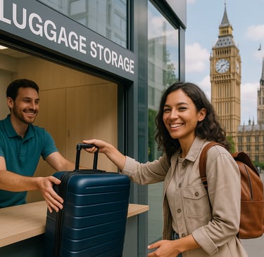 Traveler leaving suitcase at a modern city-center luggage storage spot.