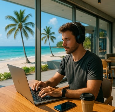 Digital nomad working by the sea with a laptop in 2025.