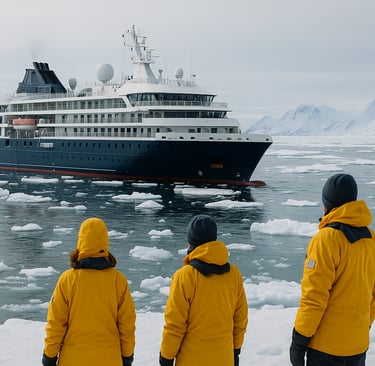 Travelers on an eco-friendly polar expedition observing the ice field.