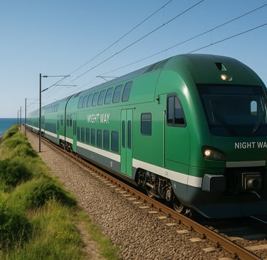 Night train and sailboat symbolizing flight-free travel.