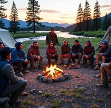 Travelers on a guided bivouac in a natural park at dusk.