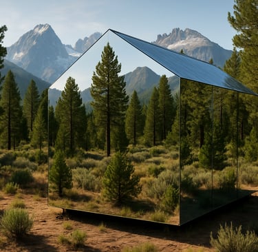 Mirror house blending perfectly into a natural landscape.