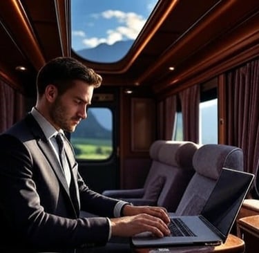 Professional working remotely in a luxury train cabin with scenic nature views.