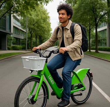 Person riding a shared electric bike in an eco-friendly city.