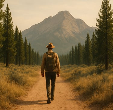 Traveler walking silently through nature, deep in introspection.