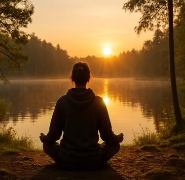Person meditating alone in a peaceful natural environment, symbolizing silent travel in 2025.